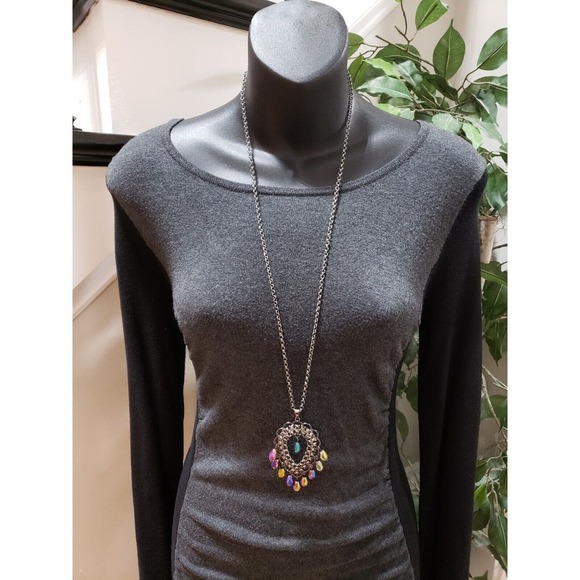 Express Women's Black Gray Round Neck Long Sleeve Knee Length Dress Small Petite - Picture 2 of 10